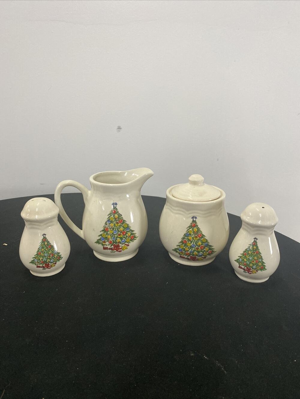 Creamer, Sugar Bowl W/Lid & Salt & Pepper Shakers, Christmas Tree W/Dove Topper